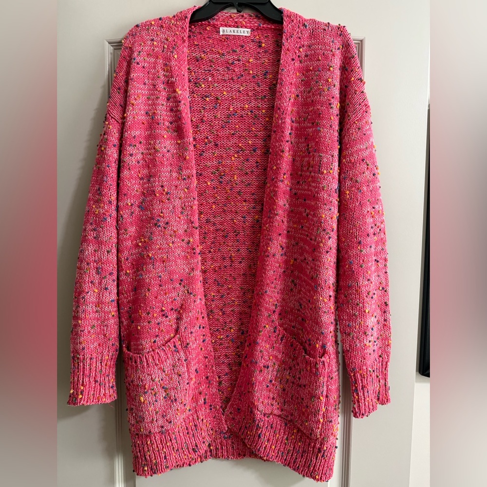 Blakeley Hot Pink Multi Colored Confetti Knit Open Front Cardigan Duster OS